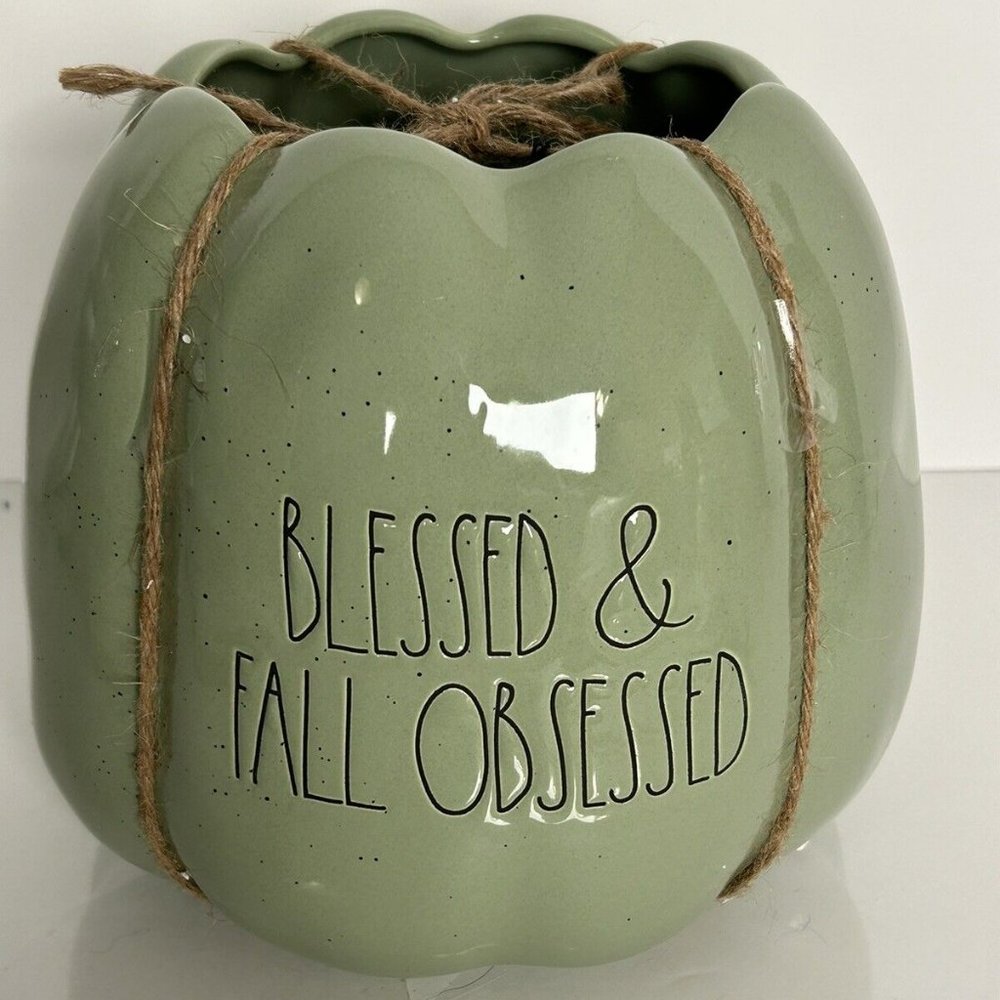 New In Box Rae Dunn "BLESSED & FALL OBSESSED " Pumpkin Planter Ceramic SAGE